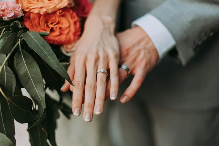 Hands with wedding rings and flowers